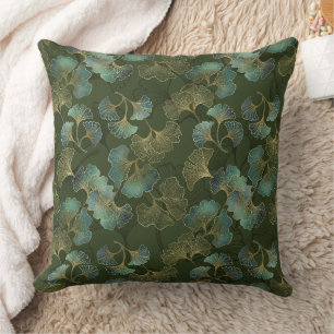 Emerald Ginkgo Elegantie – Luxe Gouden Botanische Kussen