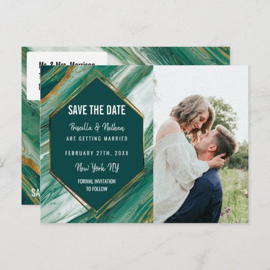 Emerald Gold Abstracte Agate Marble Save the Date Aankondigingskaart (Voorkant / Achterkant)