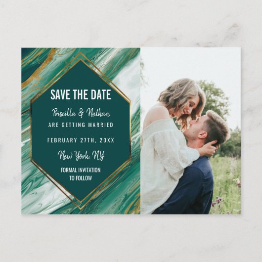 Emerald Gold Abstracte Agate Marble Save the Date Aankondigingskaart (Voorkant)