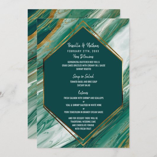 Emerald Gold Abstrait Agate Marbre Mariage Menu (Devant / Derrière)