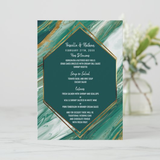 Emerald Gold Abstrait Agate Marbre Mariage Menu (Debout devant)