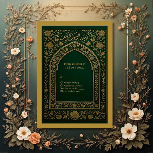 Emerald Gold Arabic arch Wedding RSVP Kaartje