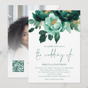 Emerald Gold Bloemen Foto QR Code Huwelijk Kaart