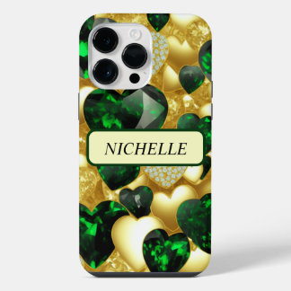 Emerald, Gold en Diamond Hearts iPhone 14 Pro Max Hoesje