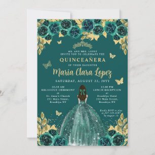 Emerald Gold Floral Butterfly Princess Quinceanera Kaart