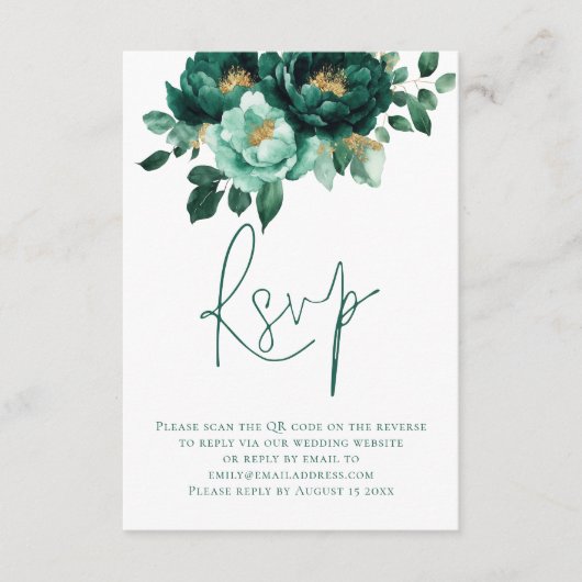 Emerald Gold Flowers Script QR Code Wedding Informatiekaartje (Voorkant)