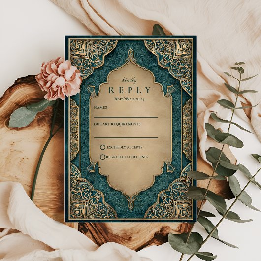 Emerald Gold Islamic Wedding RSVP Kaartje