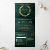 Emerald Gold Laurel minimaal Alles in één bruiloft Drieluik Uitnodiging (Binnen)