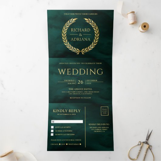 Emerald Gold Laurel minimaal Alles in één bruiloft Drieluik Uitnodiging (Binnen)