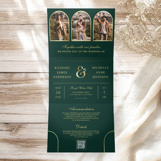 Emerald Gold Minimal Arch Photo QR code Wedding Drieluik Uitnodiging