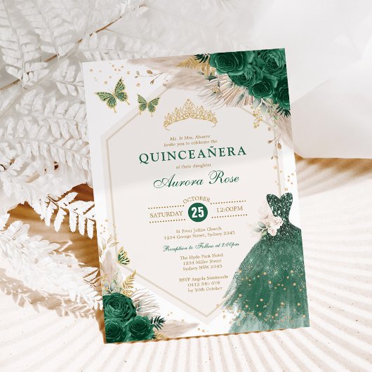 Emerald Gold Quinceañera Boho Floral Mis Quince 15 Kaart