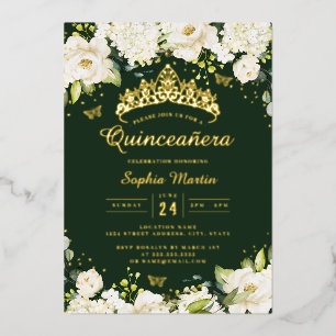 Emerald Gouden Champagne Bloemige Quinceanera Folie Uitnodiging