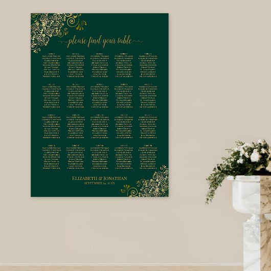 Emerald Green 20 Table Wedding Seating Chart Gold Poster