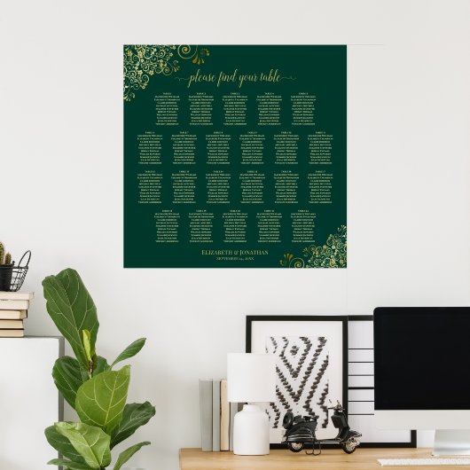 Emerald Green 22 Table Wedding Seating Chart Gold Poster (Thuiskantoor)