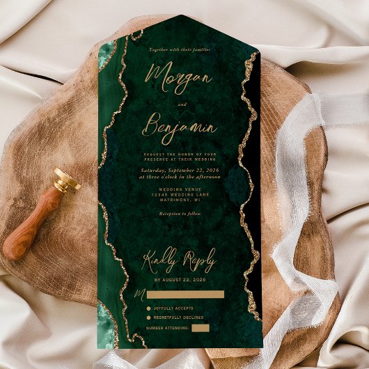 Emerald Green Agaat Goud Script Bruiloft All In One Uitnodiging