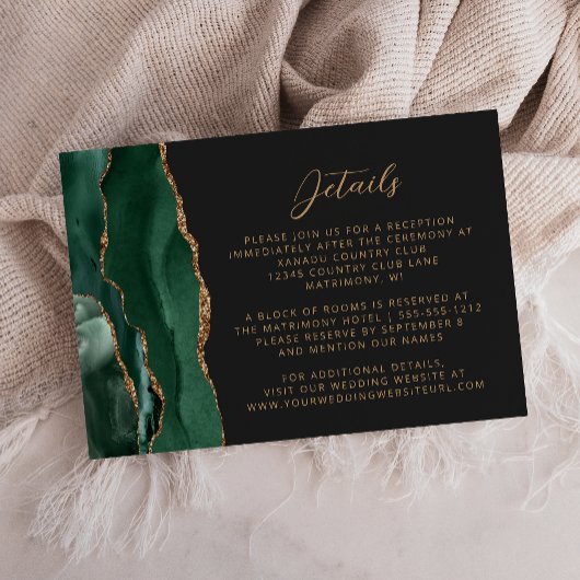Emerald Green Agaat Goud Script Bruiloft Details Informatiekaartje