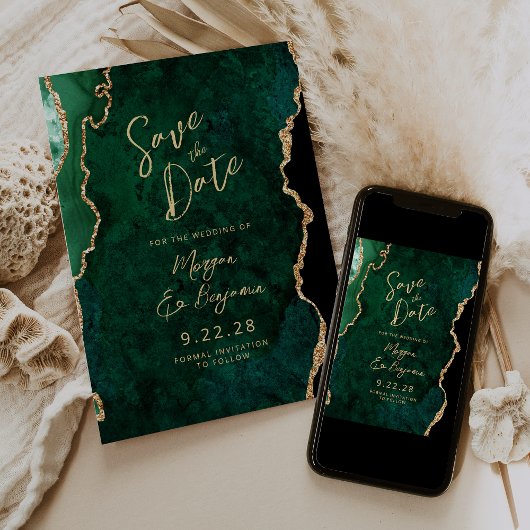 Emerald Green Agaat Script Bruiloft Sla de datum o Kaart
