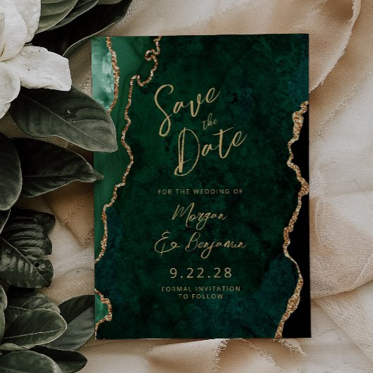 Emerald Green Agaat Script Bruiloft Sla de datum o Save The Date