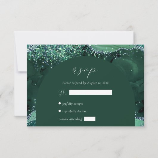Emerald Green Agate Arch Silver Glitter Wedding RSVP Kaartje (Voorkant)
