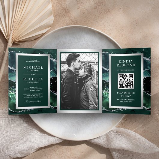 Emerald Green Agate Marble QR Code Weddenschap Drieluik Uitnodiging