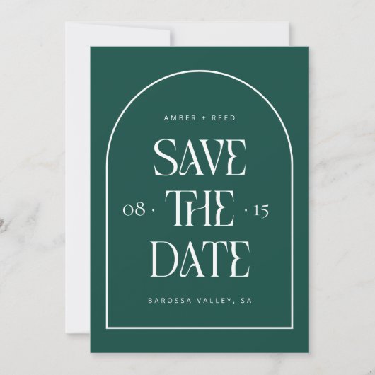 Emerald Green Arch Retro Minimalist Modern Font Save The Date (Voorkant)