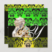 EMERALD GREEN, BLACK, WITTE DAMASKJEWEL MONOGRAM KAART (Voorkant / Achterkant)