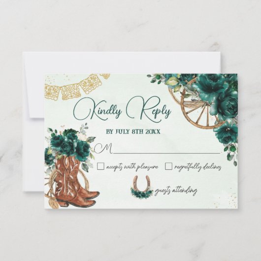 Emerald Green Bloemen Charro West Quinceañera Reag RSVP Kaartje (Voorkant)
