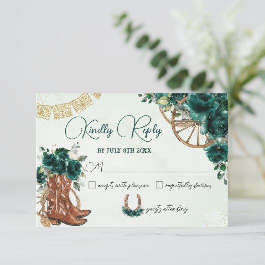 Emerald Green Bloemen Charro West Quinceañera Reag RSVP Kaartje (Staand voorkant)