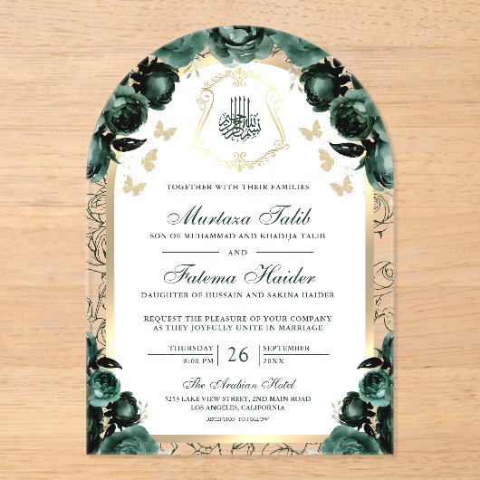 Emerald Green Bloemen Gouden Boog Moslim Huwelijk Acryl Uitnodigingen (Voorkant)