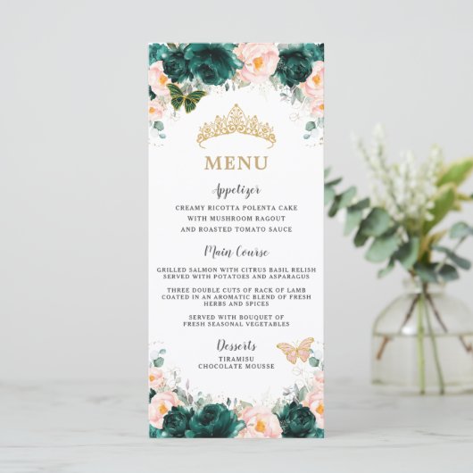 Emerald Green Blush Floral Twins Menu Anniversaire (Debout devant)