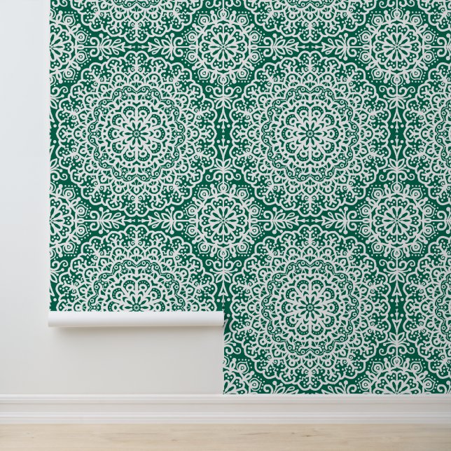 Emerald Green Bohemian Mandala White Lace Behang (Applicatie)