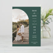 Emerald Green Boho Arc Foto QR Code Save the Date Kaart (Staand voorkant)