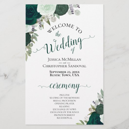 Emerald Green Boho Programme de mariage budgétaire (Devant)