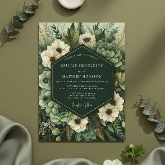 Emerald Green Botanical Bloom Wedding Kaart
