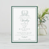 Emerald Green botanical crest monogram wedding Kaart (Staand voorkant)