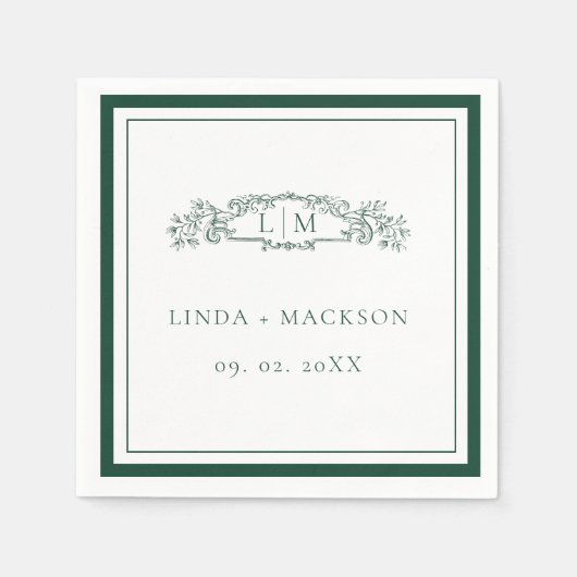 Emerald Green botanische kam monogram bruiloft Servet (Voorkant)