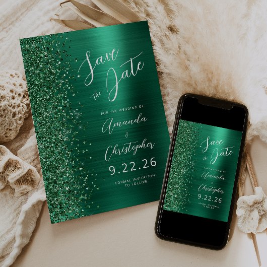 Emerald Green Brushed Metal Script Bewaar de datum Aankondiging