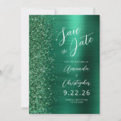 Emerald Green Brushed Metal Script Bewaar de datum Aankondiging (Voorkant)