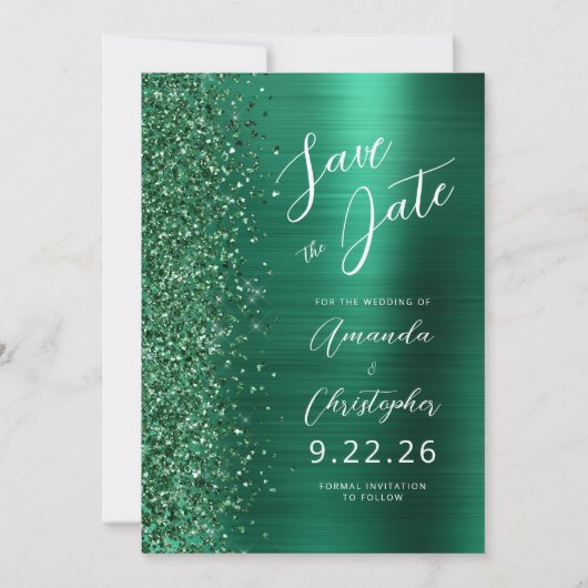 Emerald Green Brushed Metal Script Bewaar de datum Aankondiging (Voorkant)
