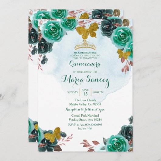 Emerald Green Butterfly Charra Mis Quince Kaart (Voorkant / Achterkant)