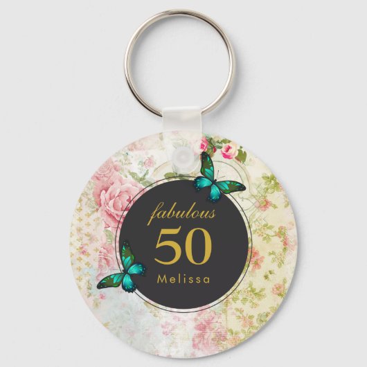 Emerald Green Butterfly op Chic Collage Sleutelhanger (Voorkant)