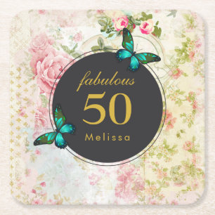 Emerald Green Butterfly op Chic  Collage Vierkante Kartonnen Onderzetter