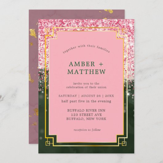 Emerald Green Canyon Roos Art Deco Wedding Invites (Voorkant / Achterkant)