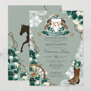Emerald Green Crest Western Charro Quinceanera Kaart