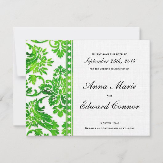 Emerald Green  Damask Lace Save the Date (Voorkant)