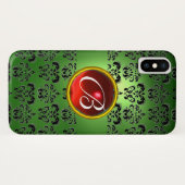 EMERALD GREEN DAMASK RED GEM MONOGRAM Case-Mate iPhone CASE (Achterkant (horizontaal))