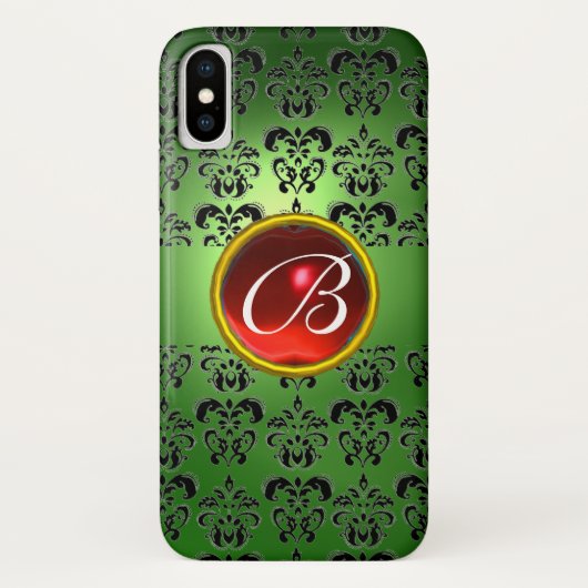 EMERALD GREEN DAMASK RED GEM MONOGRAM Case-Mate iPhone CASE (Achterkant)