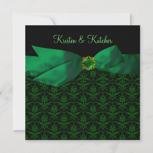 Emerald Green Damask Wedding Invitding Black Kaart (Voorkant)