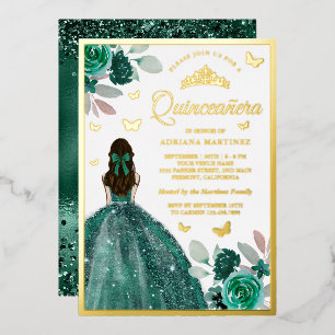 Emerald Green Dress Butterfly Quinceanera Gold Folie Uitnodiging
