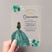 Emerald Green Dress Floral Gold Quinceanera Acryl Uitnodigingen (Insitu (Draagbaar))